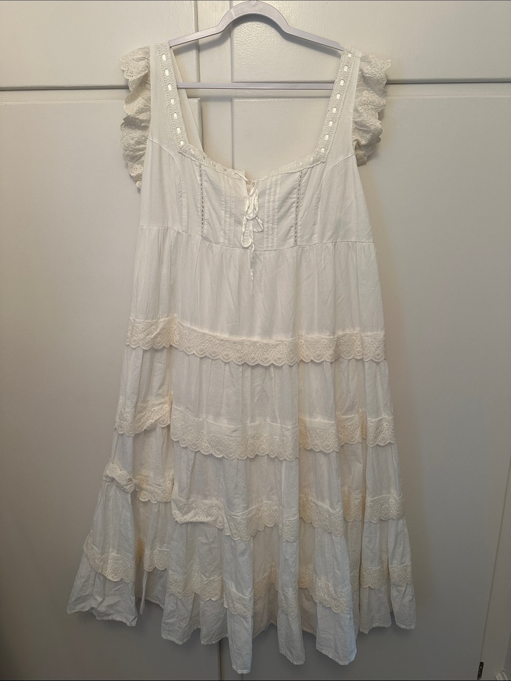 NEW 100% Cotton White Midi Dress Tiered Lace